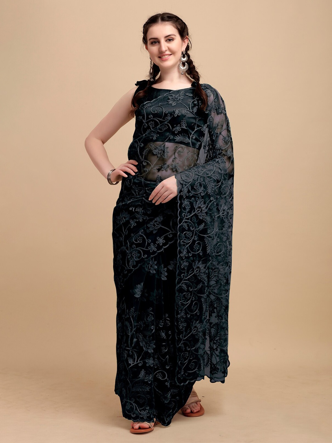 

Mitera Black Floral Embroidered Net Heavy Work Saree