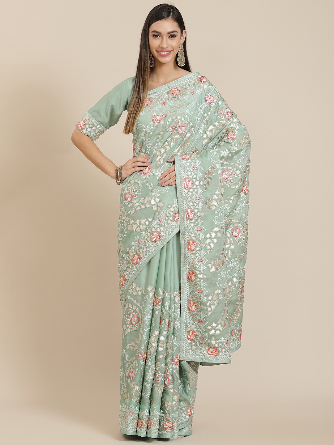 

Readiprint Fashions Green Floral Embroidered Gotta Patti Saree