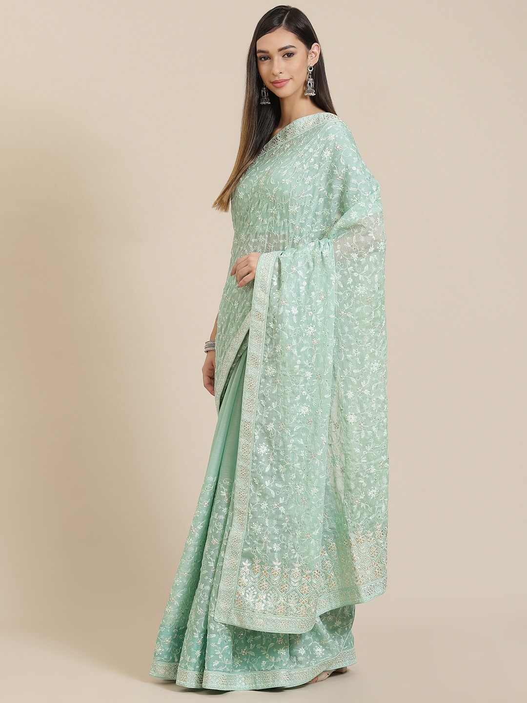 

Readiprint Fashions Green Floral Sequinned Pure Chiffon Saree