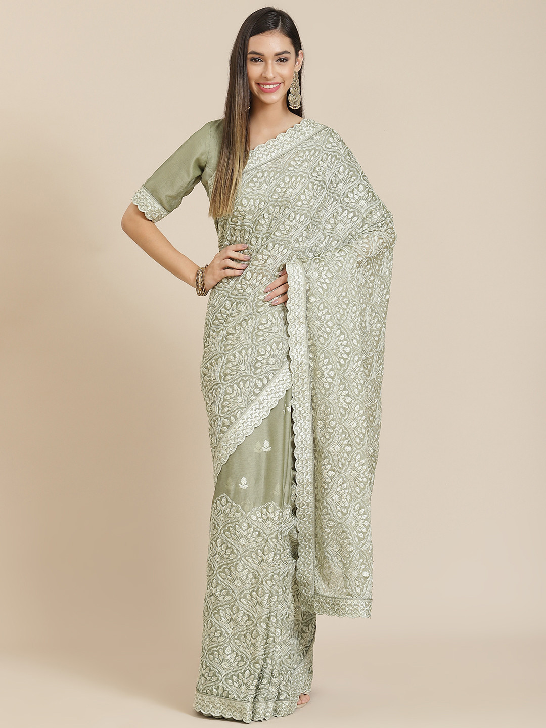 

Readiprint Fashions Green Floral Embroidered Sequinned Pure Chiffon Saree