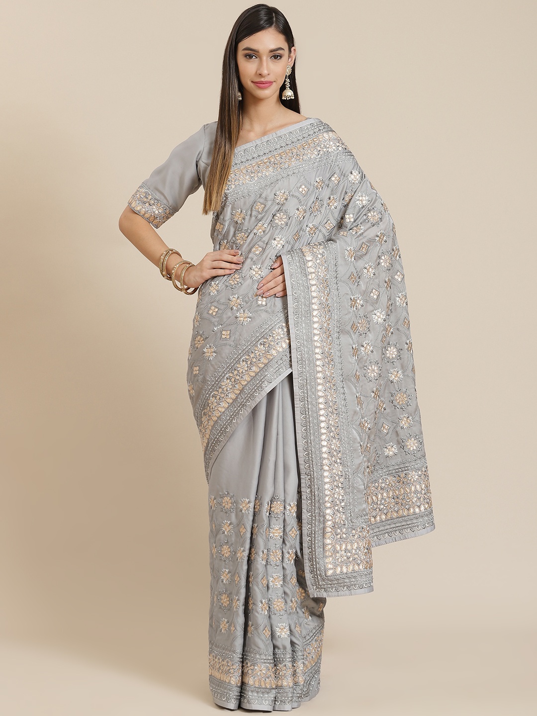 

Readiprint Fashions Grey Floral Embroidered Gotta Patti Saree