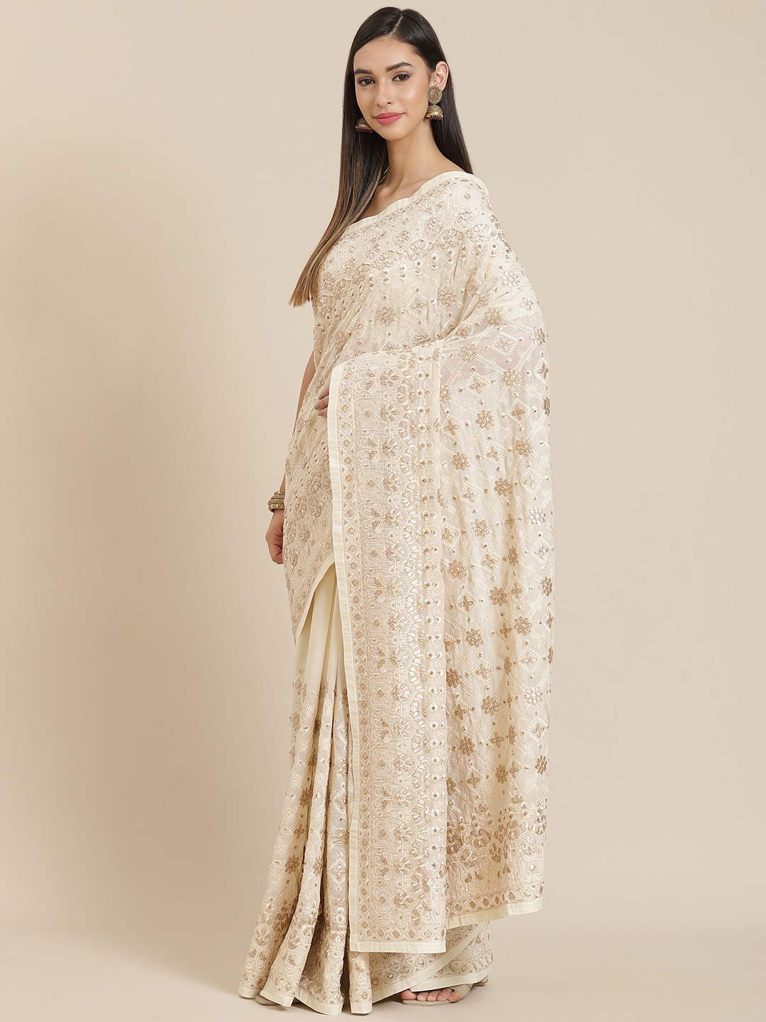 

Readiprint Fashions Off White & Cream-Coloured Ethnic Motifs Gotta Patti Saree
