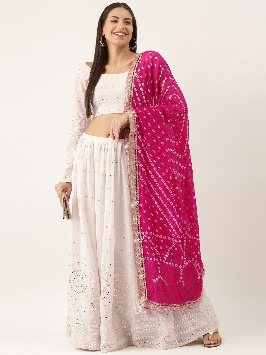 

LOOKNBOOK ART White & Pink Embellished Mirror Work Shibori Made to Measure Lehenga & Unstitched Blouse With
