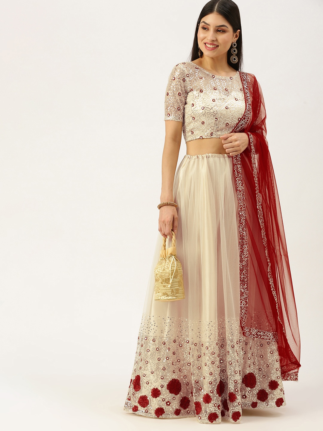 

LOOKNBOOK ART Cream-Coloured Embellished Sequinned Semi-Stitched Lehenga & Unstitched Blouse With Dupatta