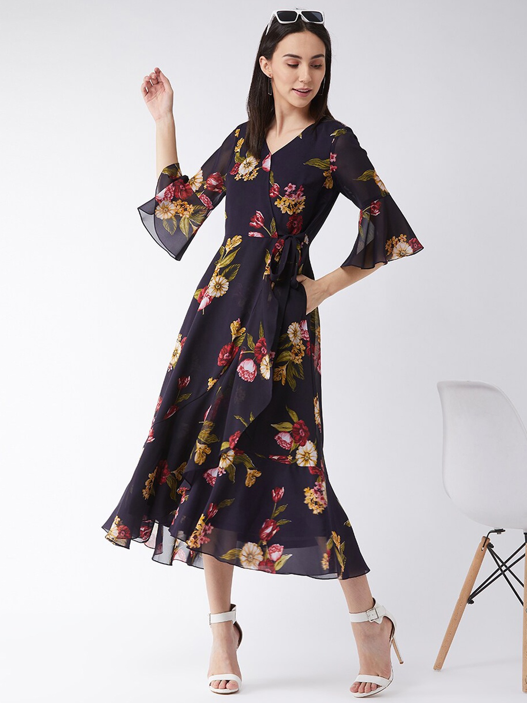 

Miss Chase Navy Blue Floral Georgette Midi Dress