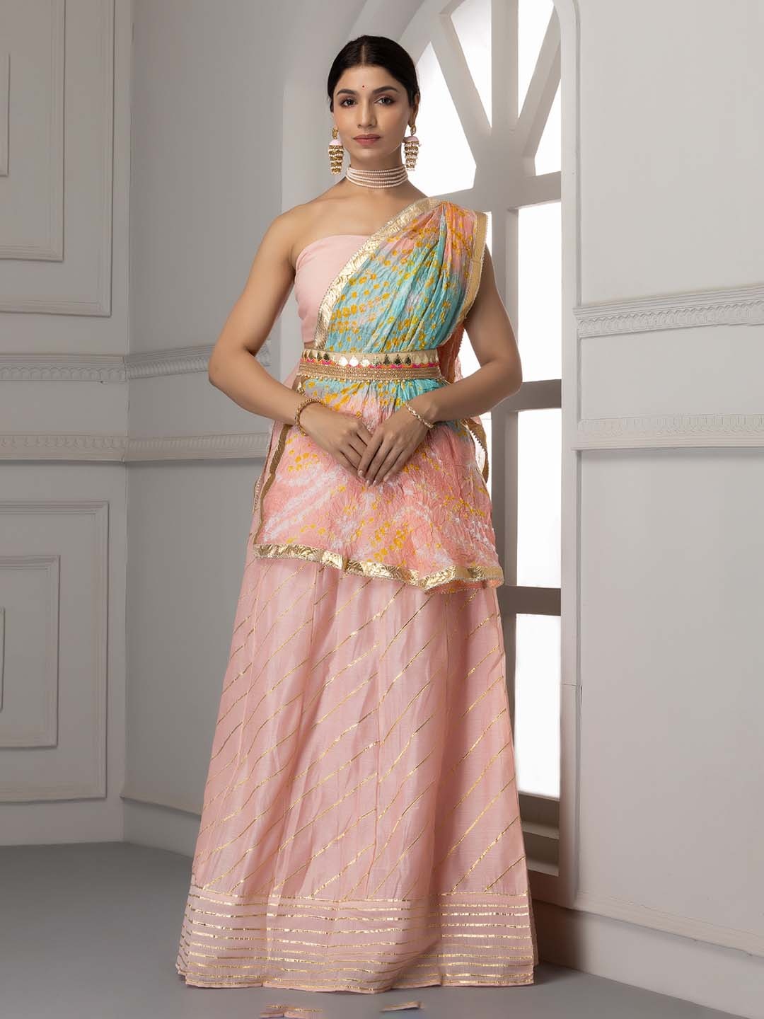 

Geroo Jaipur Pink Embellished Semi-Stitched Lehenga & Unstitched Blouse with Belt