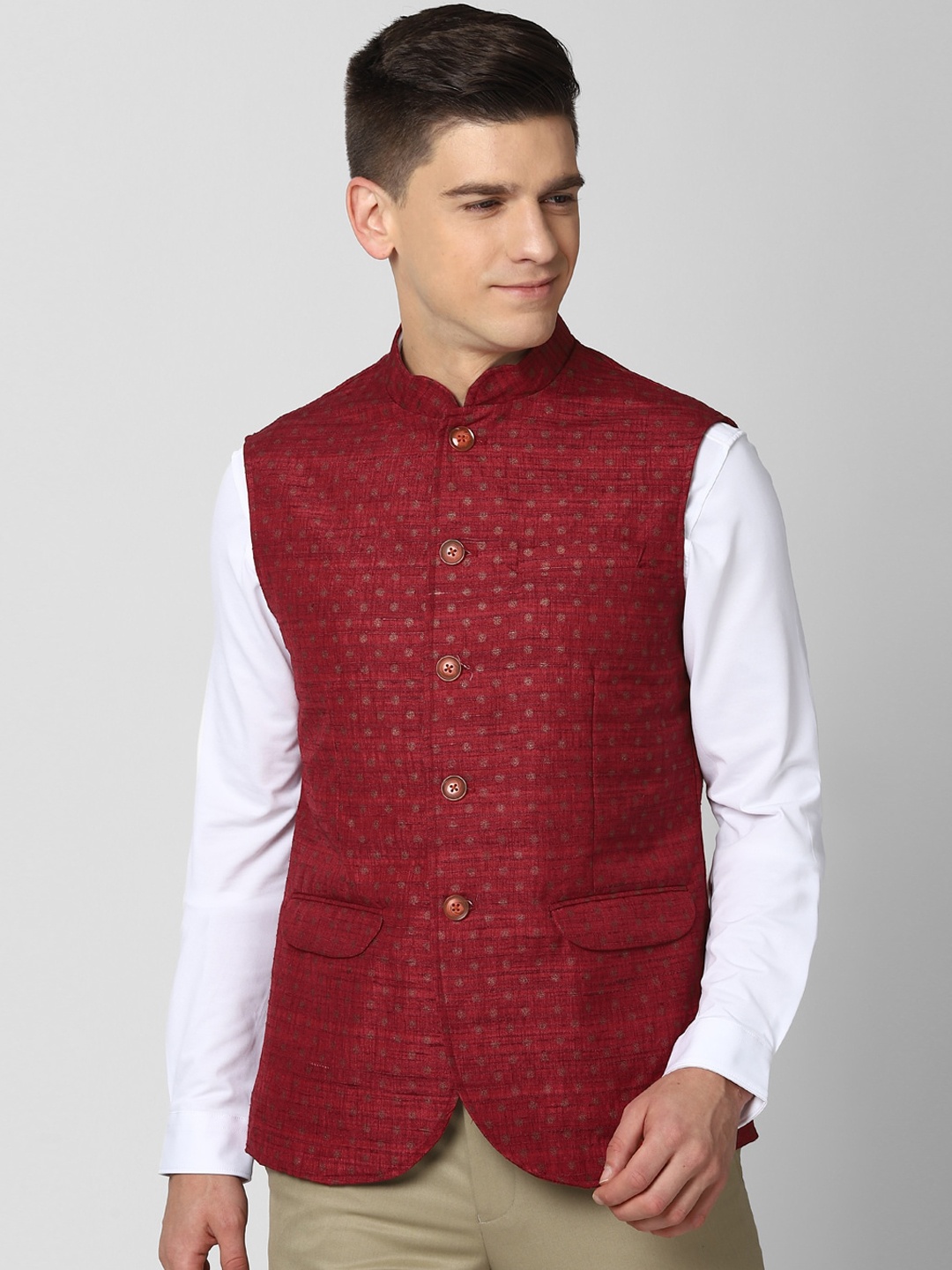 

Peter England Elite Men Maroon Printed Woven Nehru Jacket