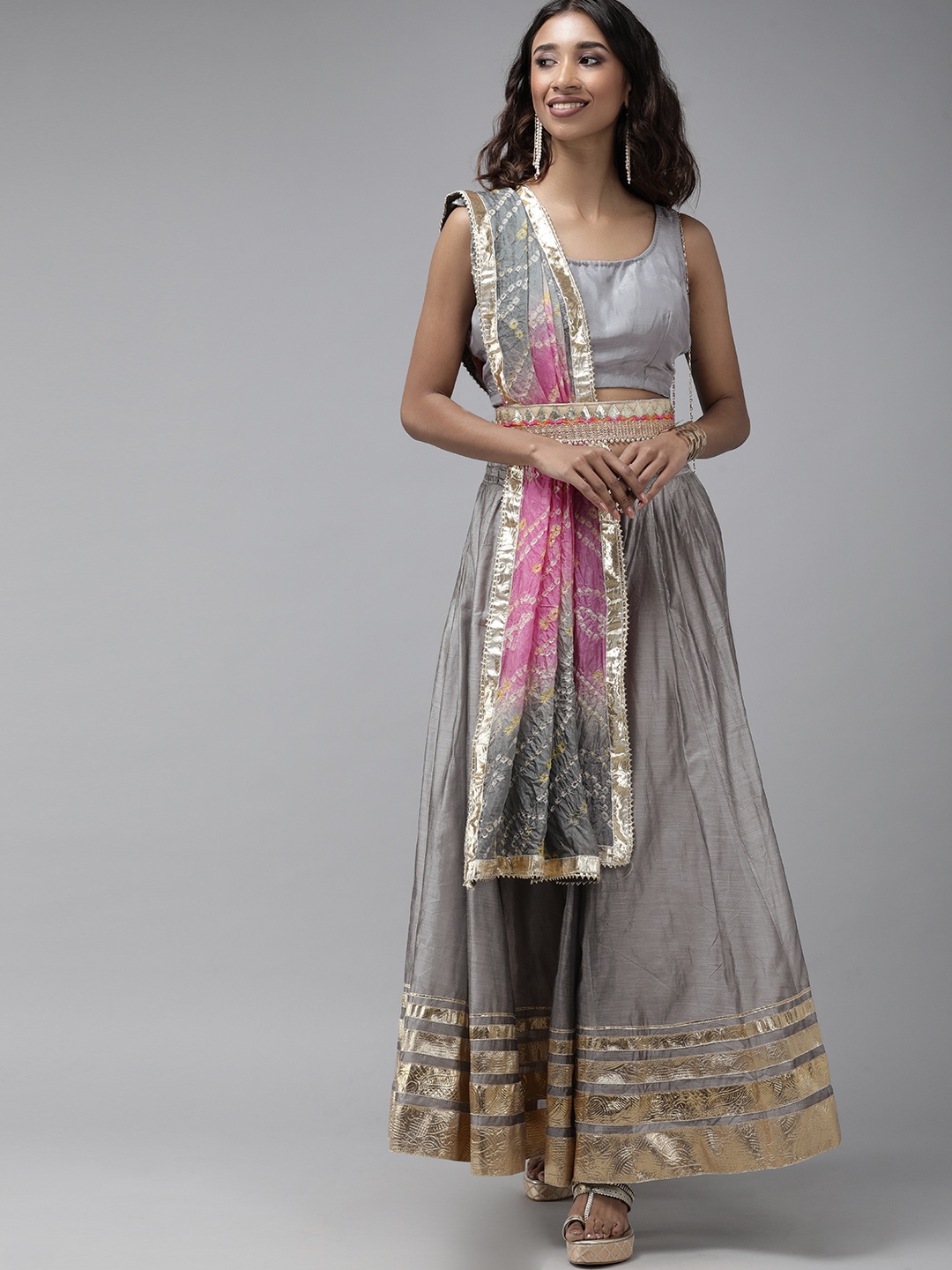 

Geroo Jaipur Grey & Pink Embellished Semi-Stitched Lehenga & Unstitched Blouse With Dupatta