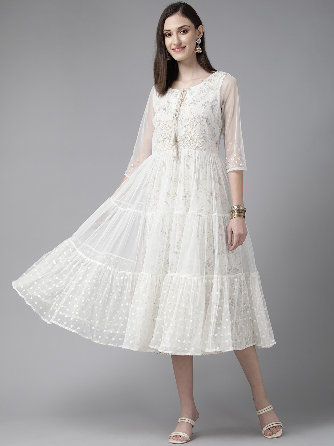 

W Off White & Green Floral Net A-Line Midi Dress
