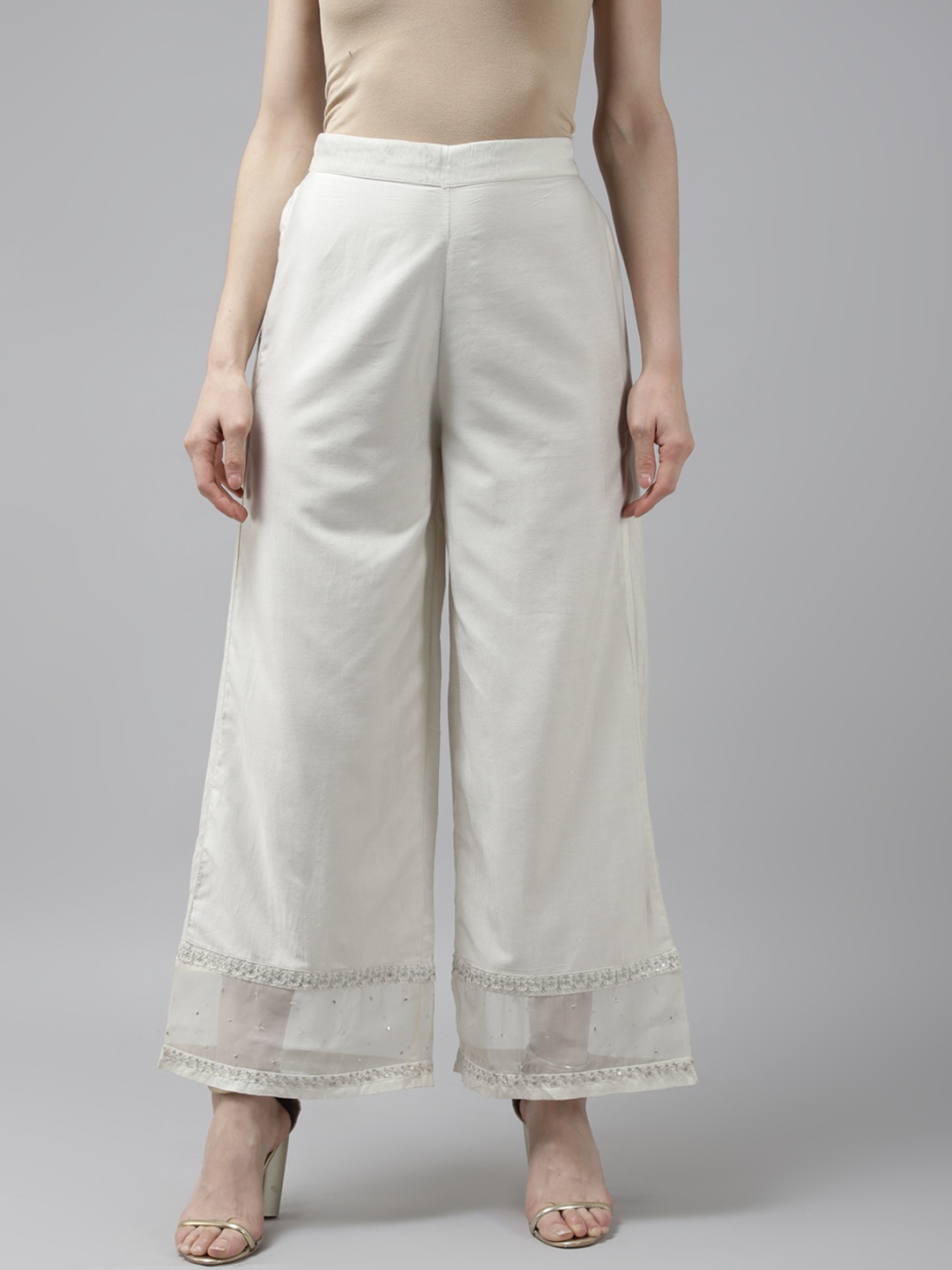 

W Women Cream-Coloured Solid Sequinned Detail Ethnic Palazzos