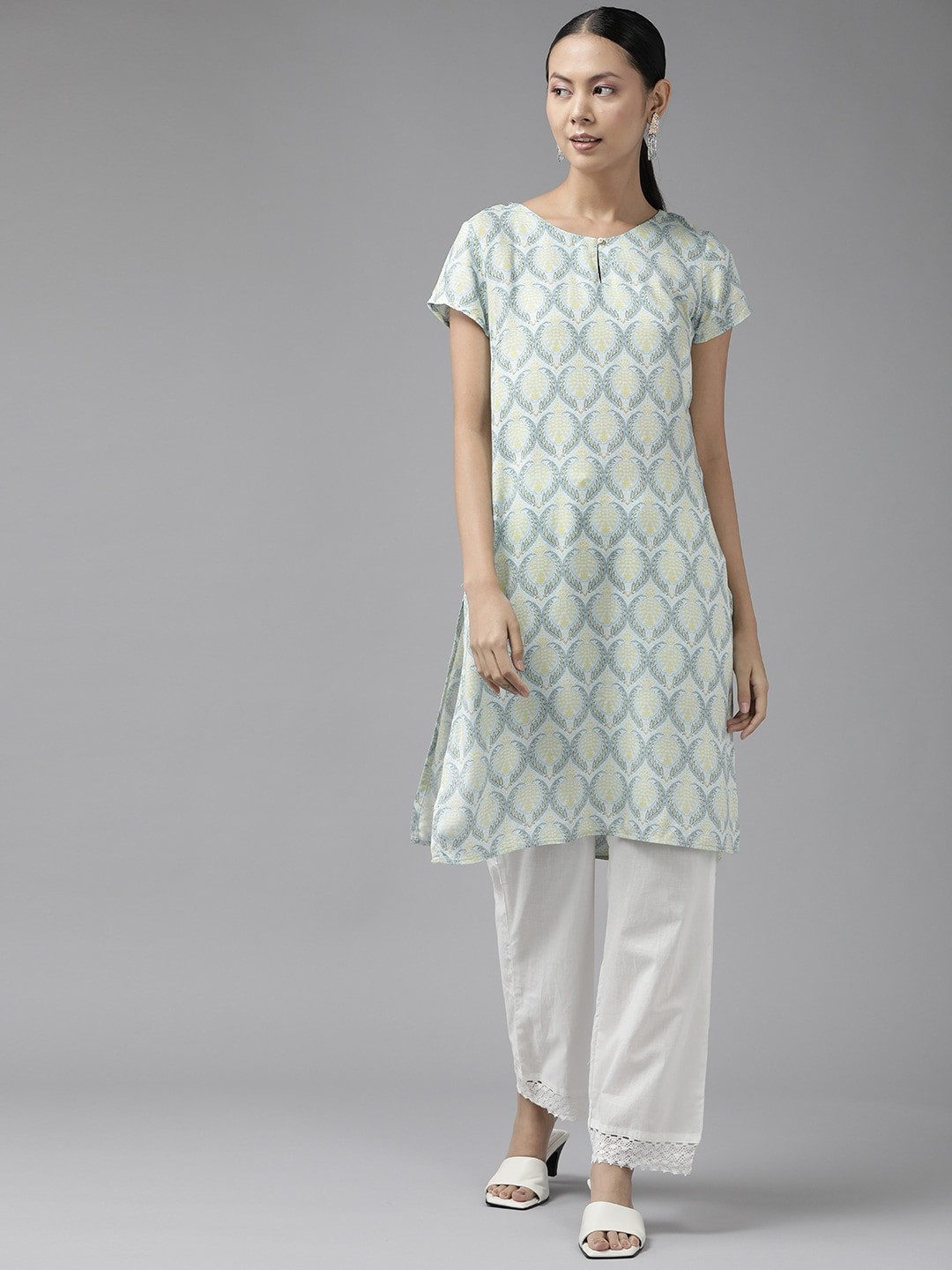 

W Women Blue & Yellow Liva Printed Keyhole Neck Kurta