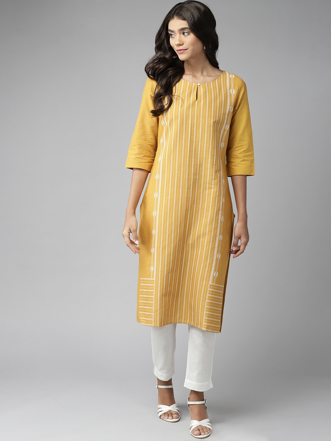 

W Women Mustard Yellow Striped Kurta with Trousers