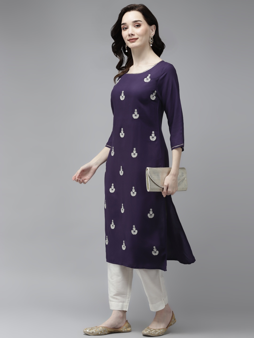 

W Women Purple and Silver Toned Ethnic Motifs Embroidered Sequin Work Kurta