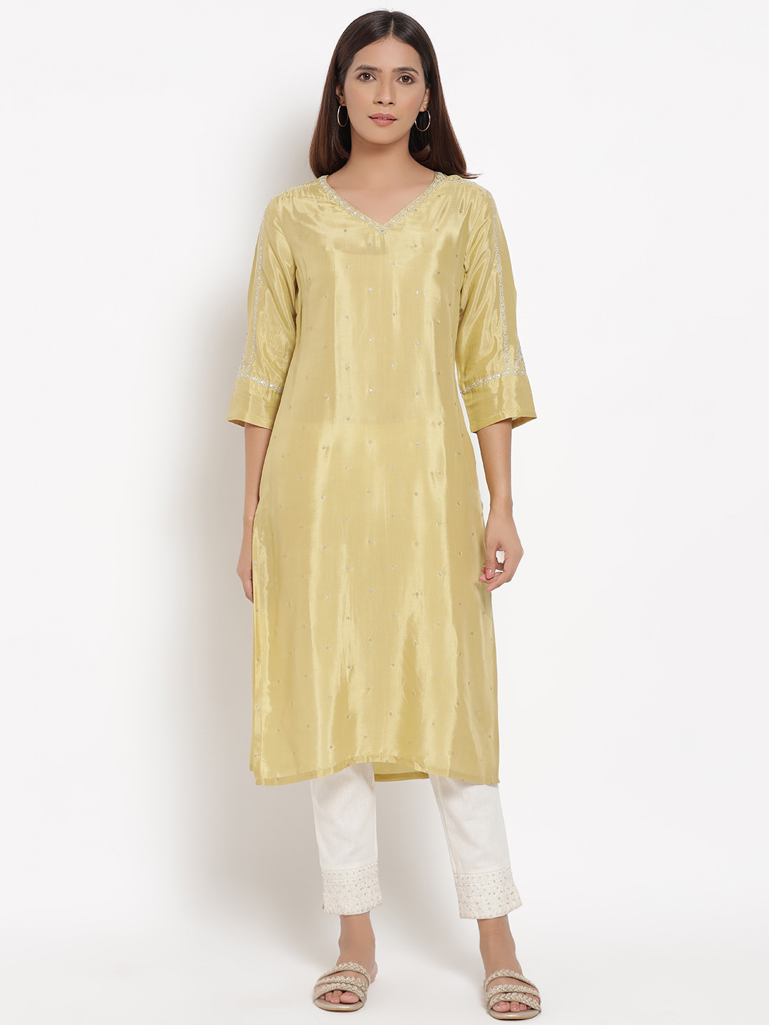 

W Women Olive Green Embroidered Kurta