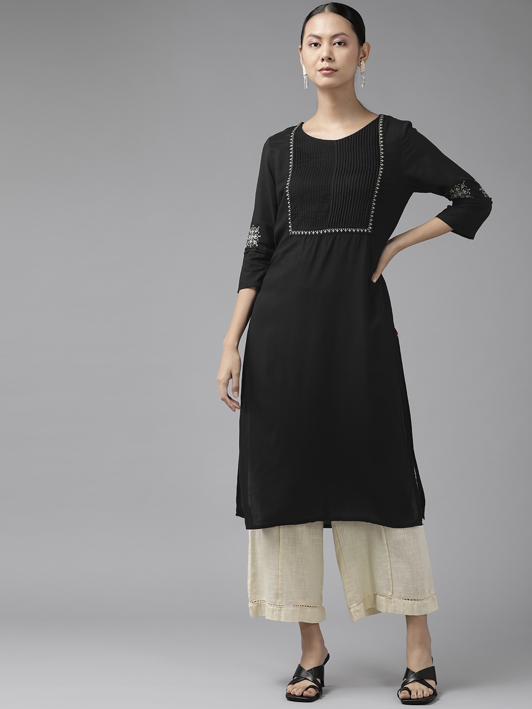 

W Women Black Liva Solid Thread Work Kurta