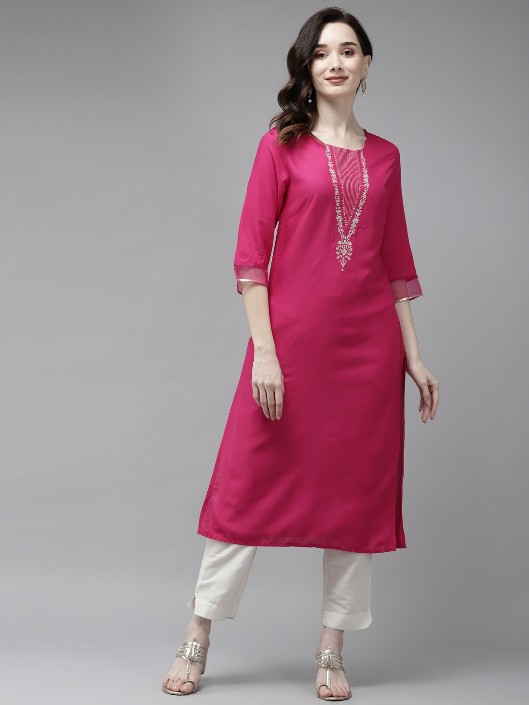 

W Women Pink Floral Embroidered Sequin Work Yoke Design Kurta