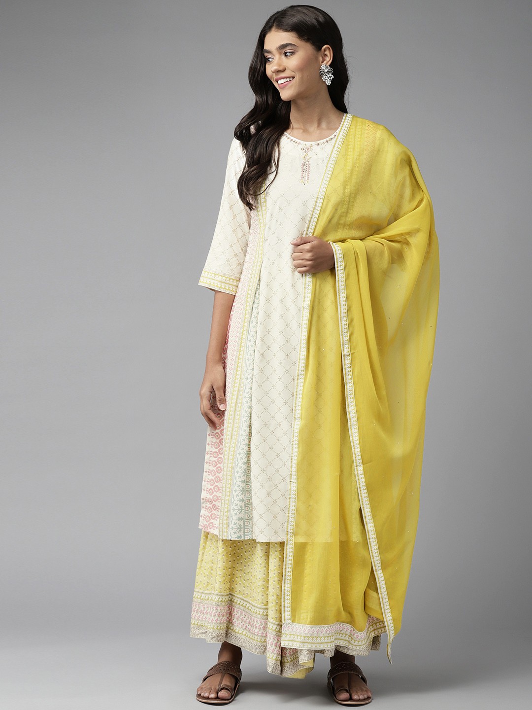 

W Women Off White Ethnic Motifs Printed Sequinned Kurta with Palazzos & With Dupatta