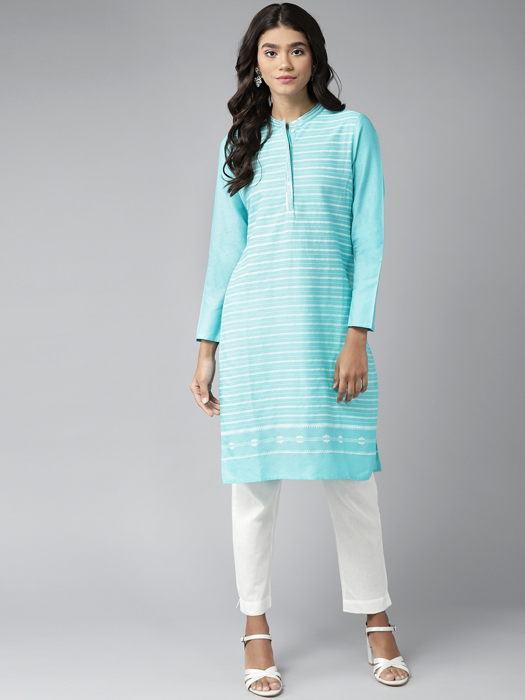 

W Women Blue Striped Sequinned Kurta with Trousers