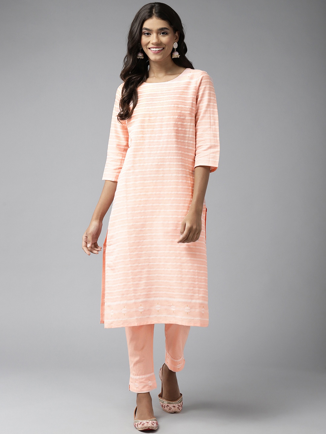 

W Women Pink Striped Kurta with Trousers