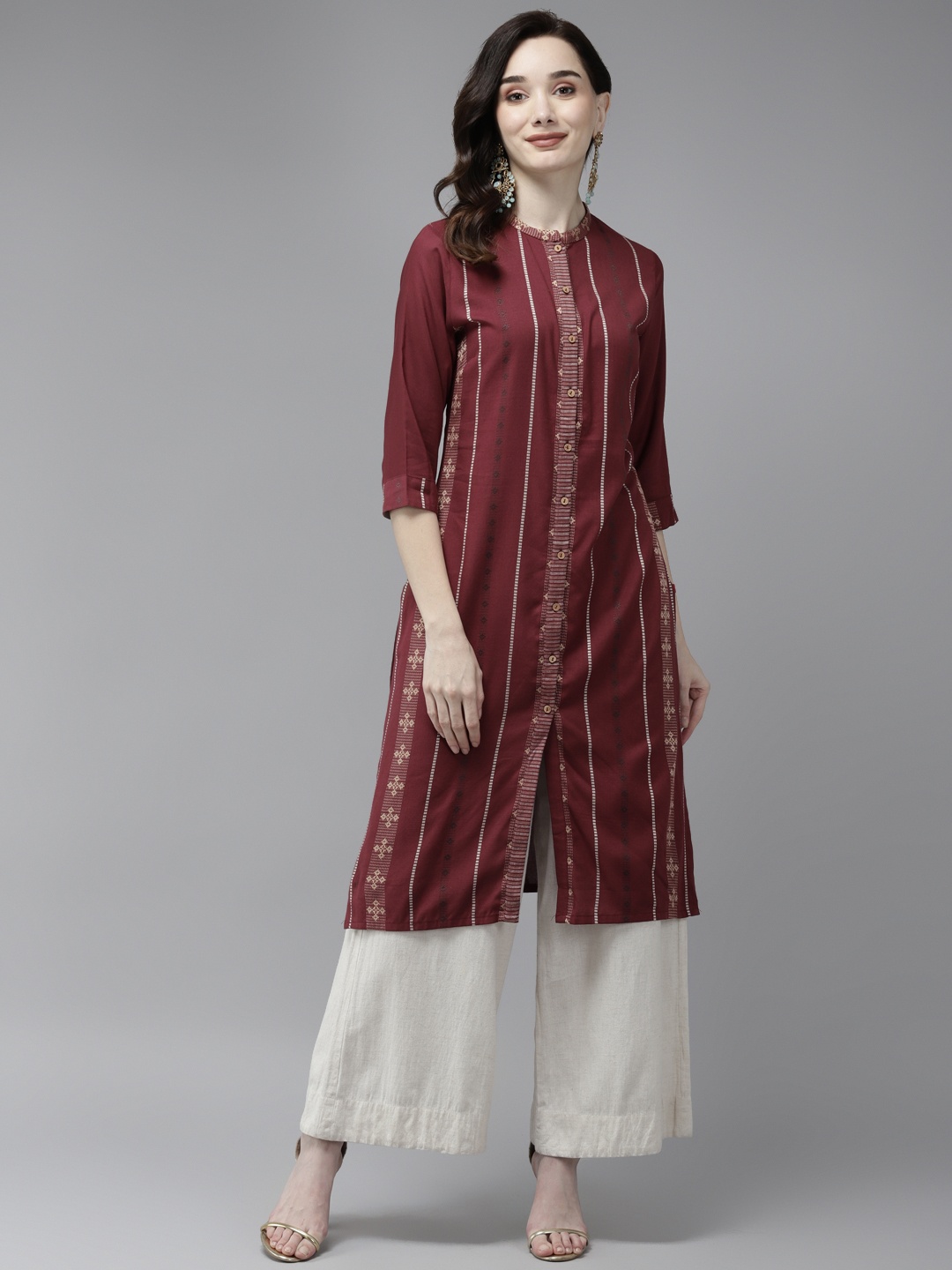 

W Women Maroon & Beige Ethnic Motifs Woven Design Mandarin Collar A-line Kurta