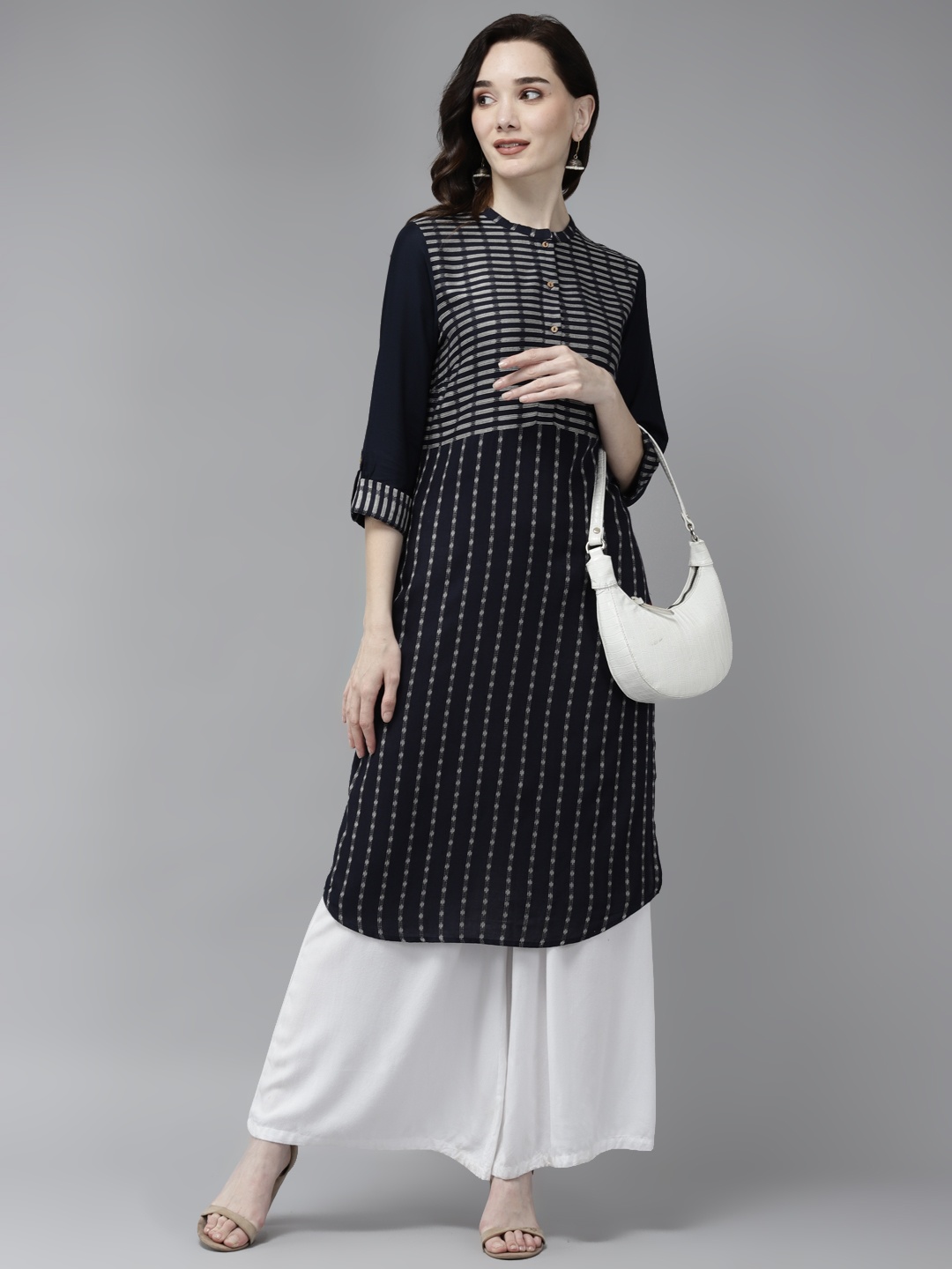 

W Women Navy Blue & White Striped Woven Design A-line Kurta