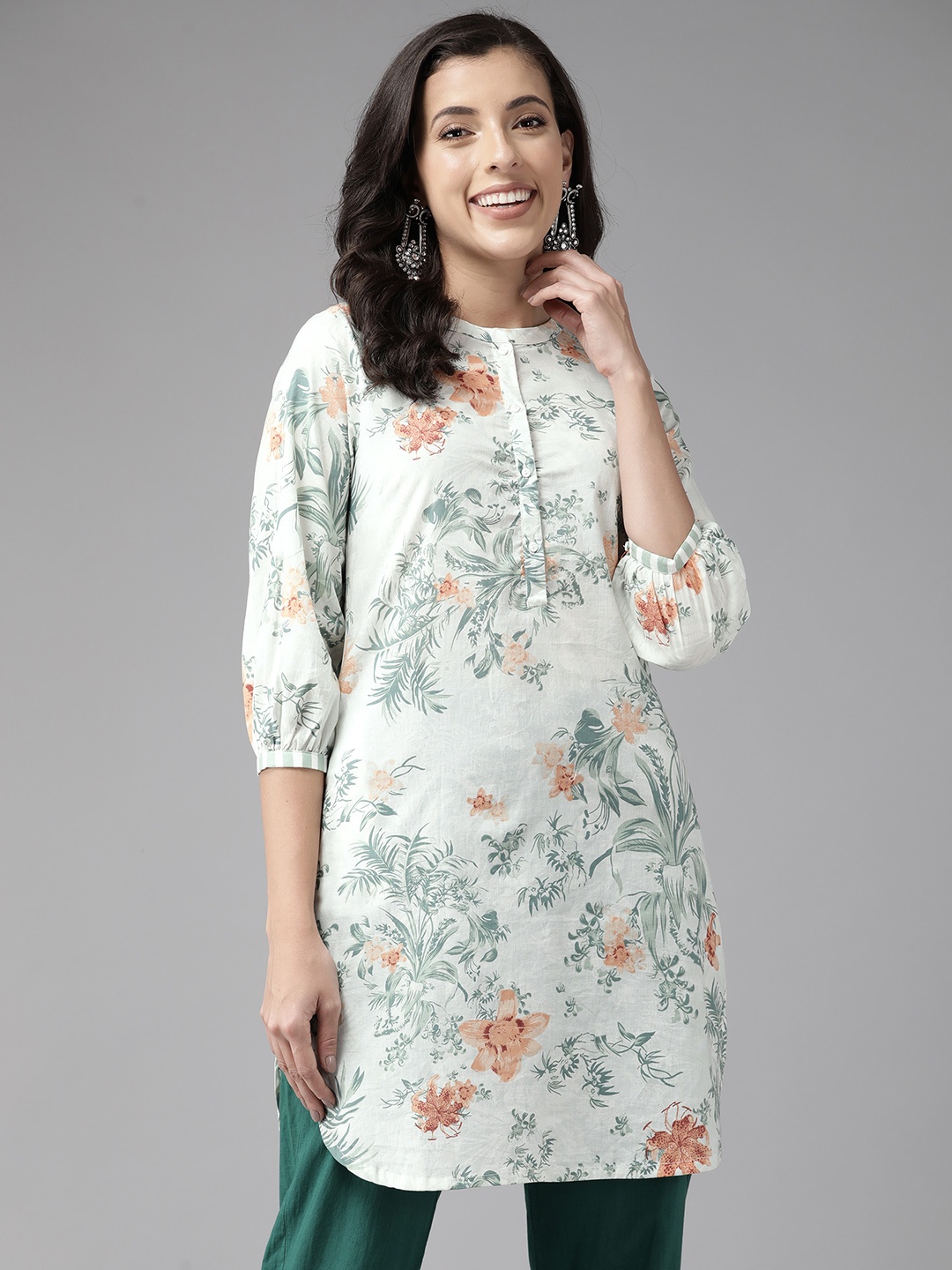 

W Floral Printed Puff-Sleeves Mandarin Collar Pure Cotton Kurta, Green