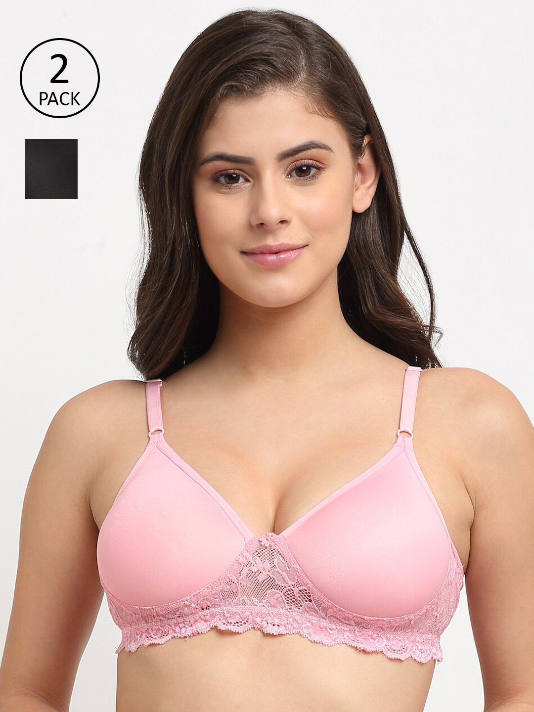 

Friskers Pack of 2 Black & Pink Lace Push-Up Bra Lightly Padded