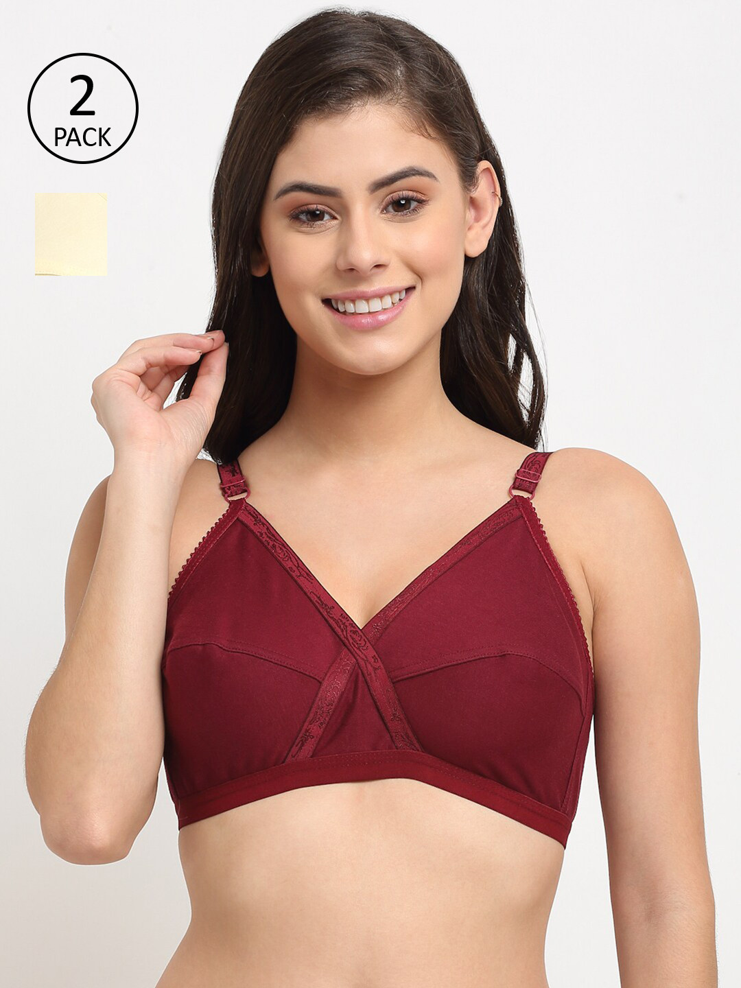 

Friskers Beige & Maroon Pack of 2 Premium Cotton Non Padded Cross Set Bra