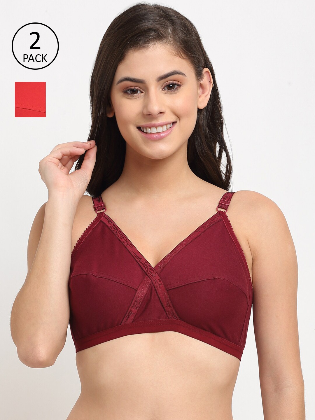 

Friskers Women Set of 2 Non Padded Cotton Bra, Red