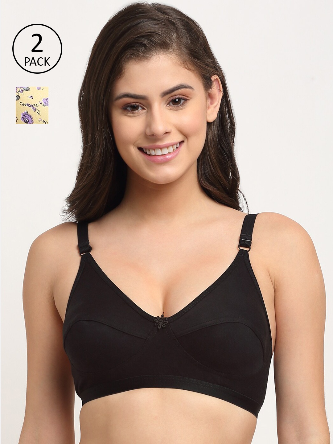 

Friskers Pack Of 2 Yellow & Black Premium Cotton Balconette Bra - Lightly Padded