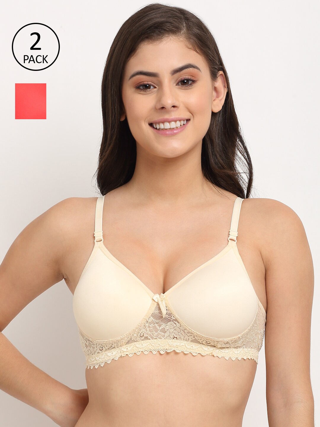 

Friskers Pack of 2 Red & Cream-Coloured Solid Non Wired Medium Coverage Push-Up Bra