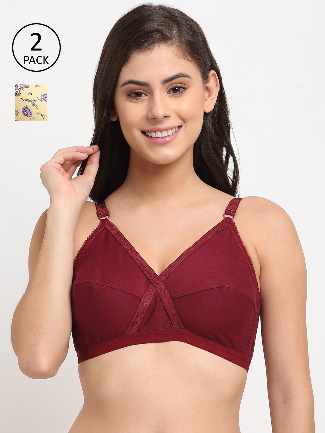 

Friskers Yellow & Maroon Pack of 2 Balconette Bras - Lightly Padded
