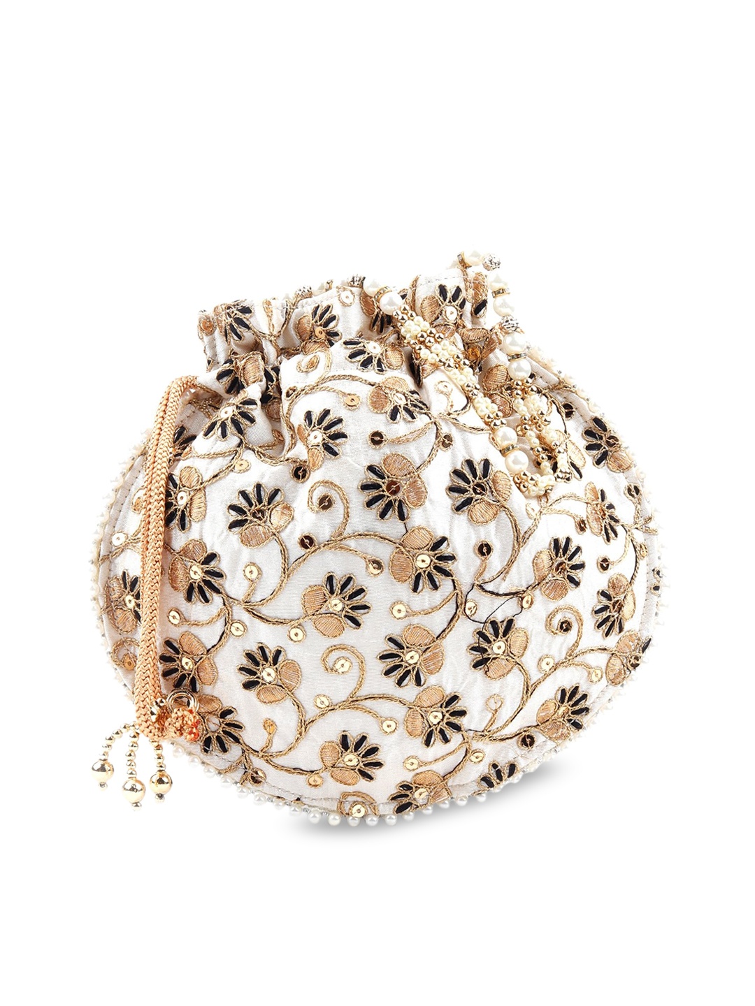 

ODETTE White & Gold-Toned Embroidered Potli Clutch