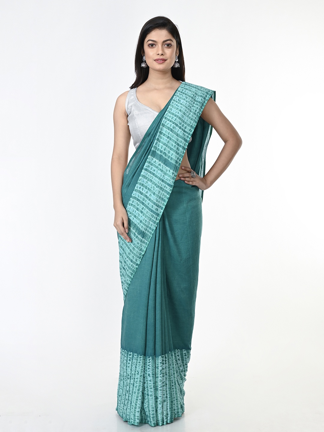 

ArtEastri Teal Blue Shibori Pure Cotton Handloom Taant Saree