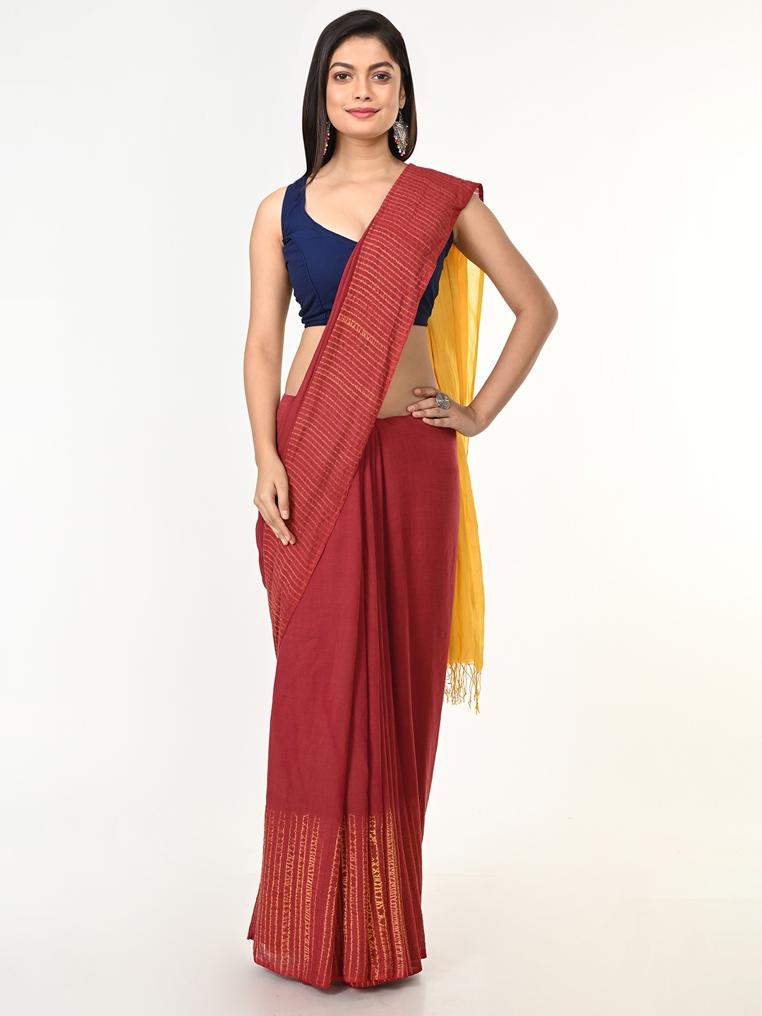 

ArtEastri Rust Red & Yellow Shibori Pure Cotton Handloom Taant Saree