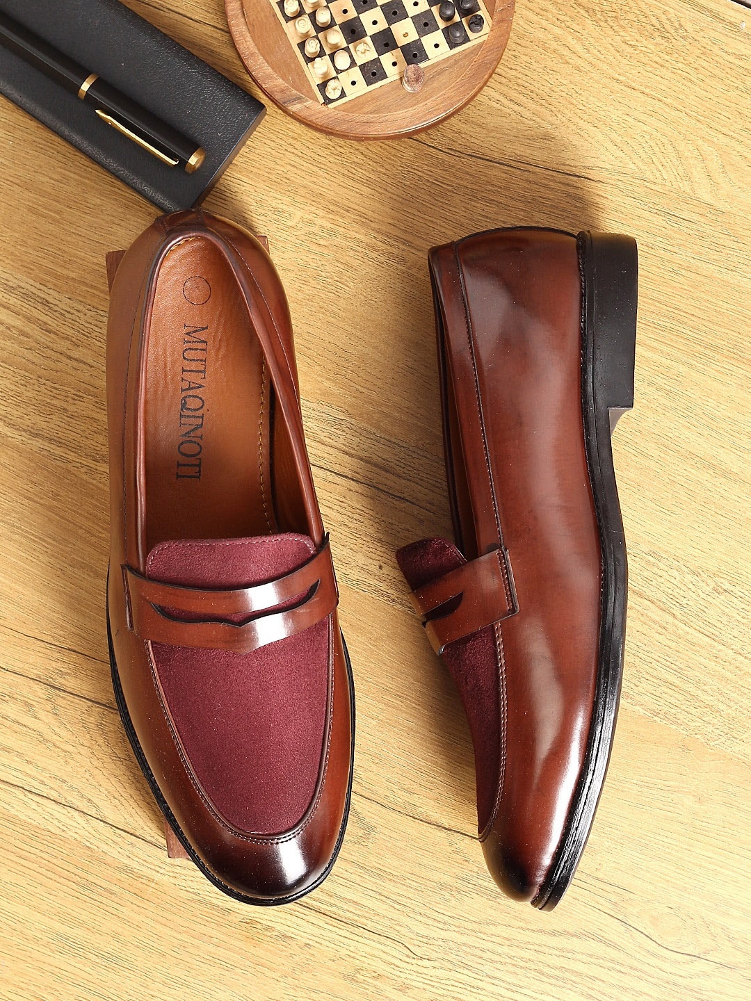 

MUTAQINOTI Men Maroon Patent Leather Loafers