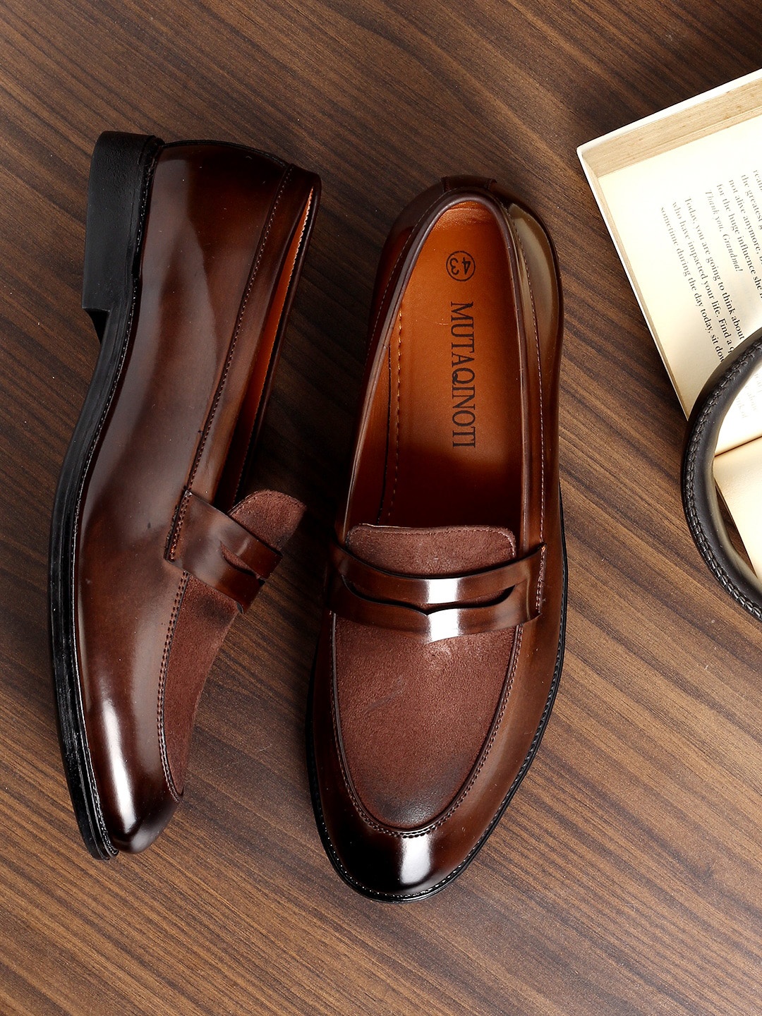 

MUTAQINOTI Men Brown Patent Leather Loafers