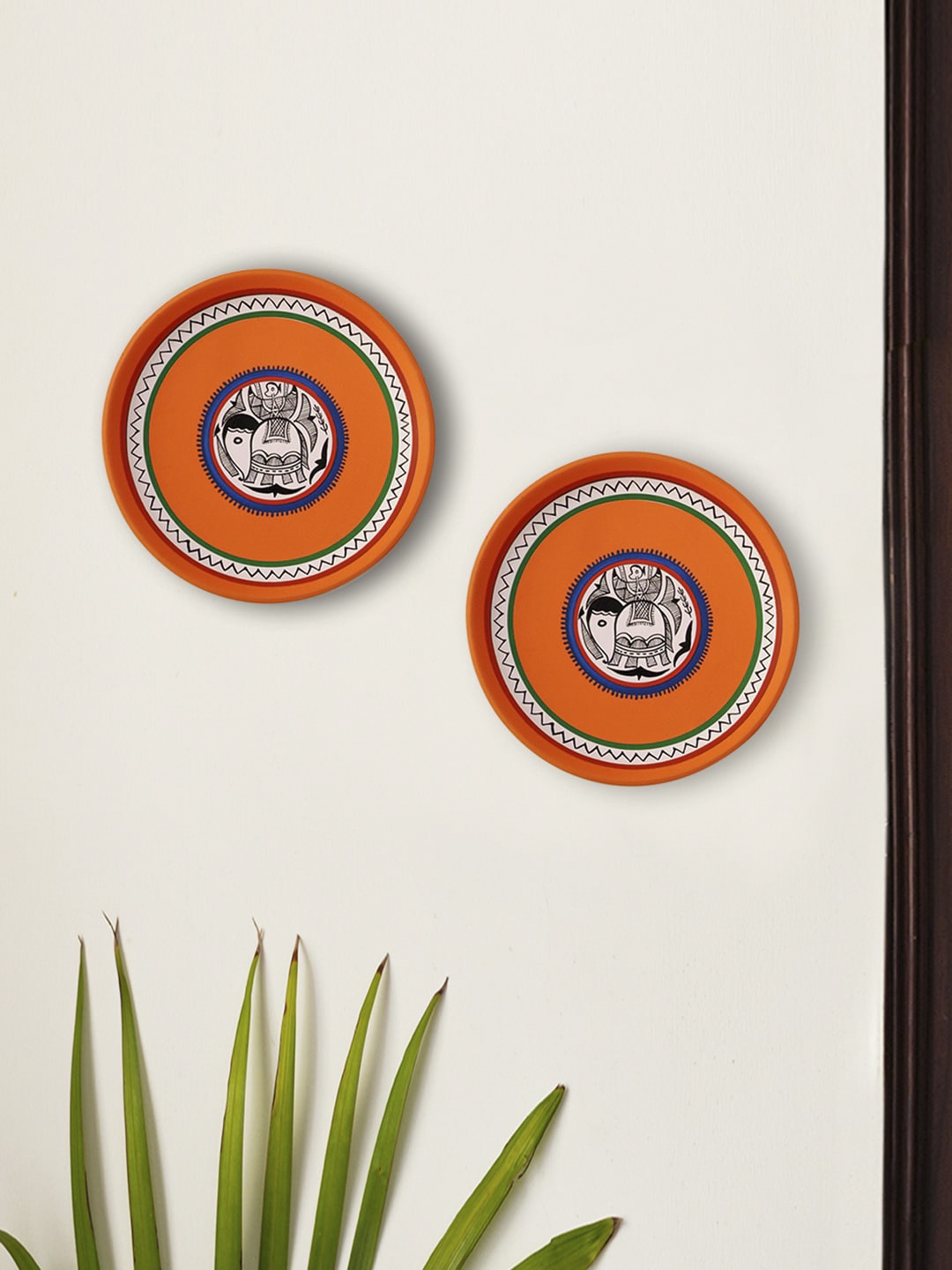 ExclusiveLane Set of 2 Terracotta Madhubani Wall Plates Handmade Wall Decor, Orange