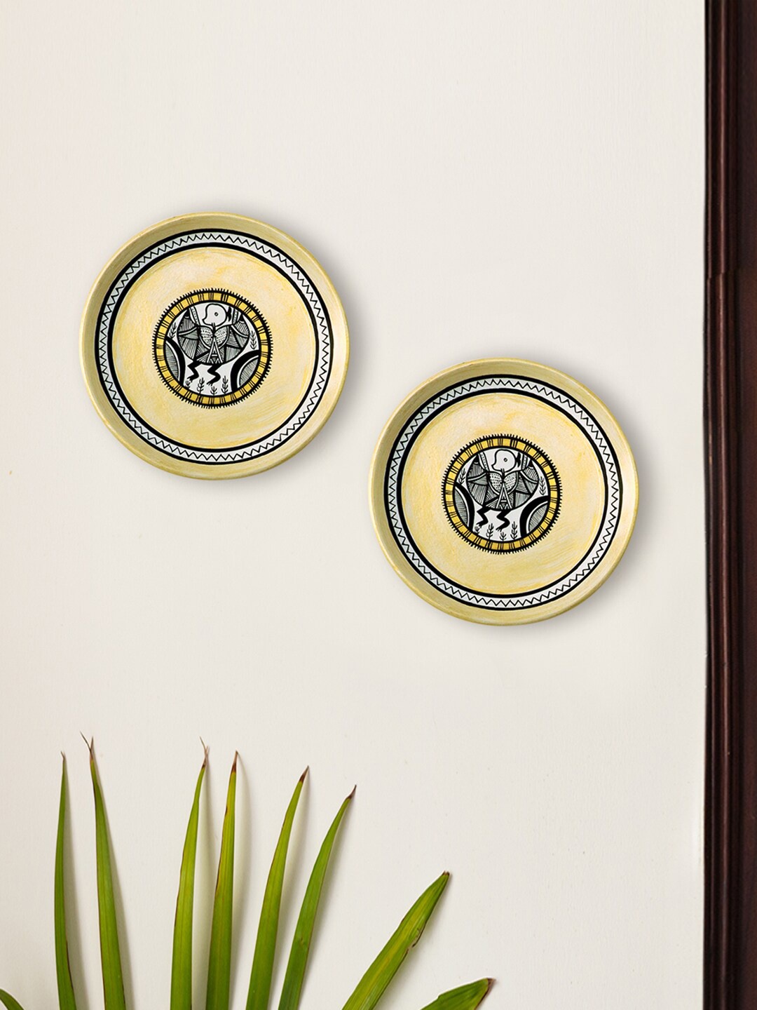 

ExclusiveLane Set of 2 Terracotta Madhubani Wall Plates Handmade Wall Decor, Beige