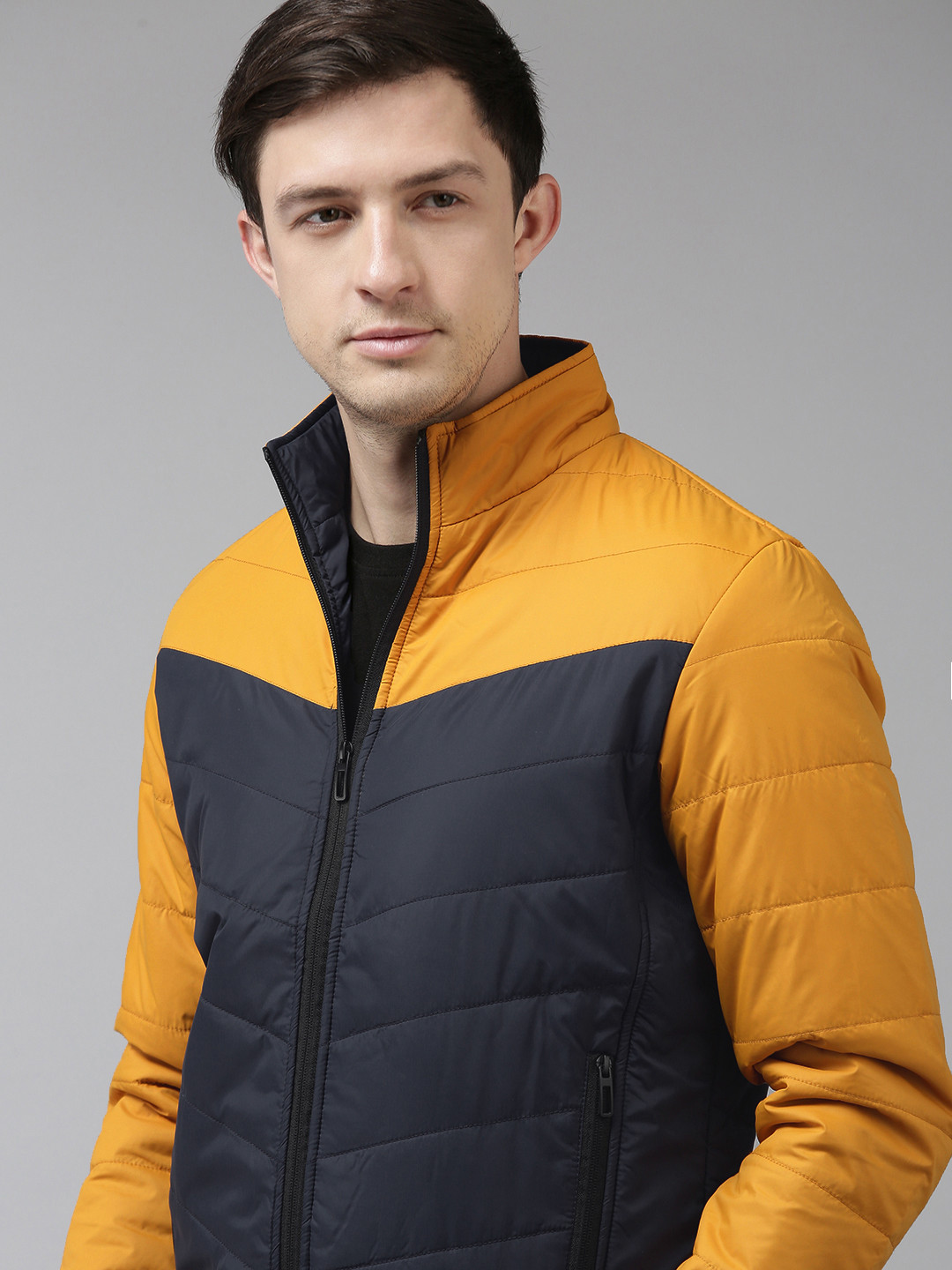

SPYKAR Men Black & Mustard Yellow Colourblocked Padded Jacket