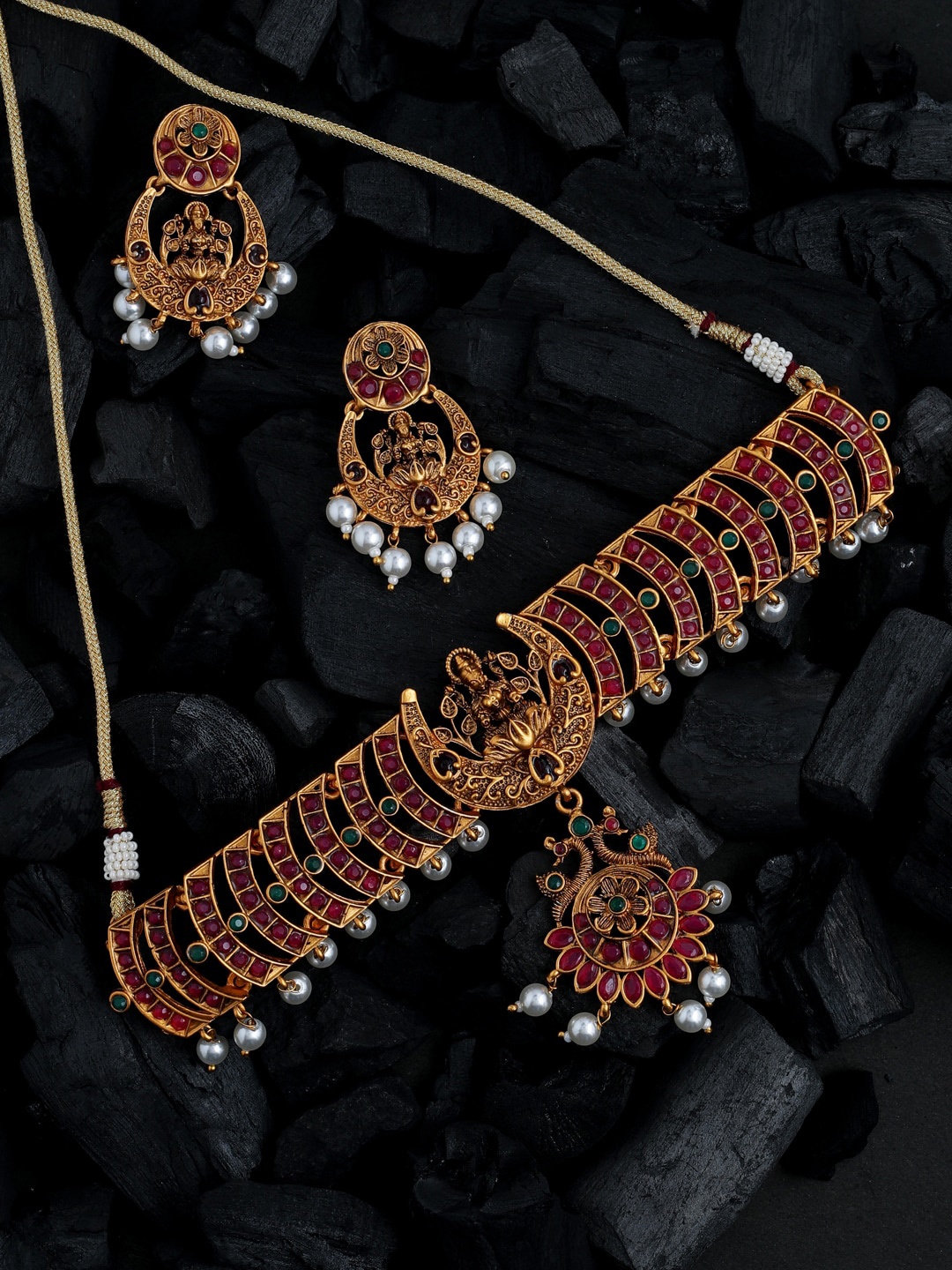 

Shoshaa Gold-Plated Red & White Stone-Studded & Beaded Temple Jewellery Set