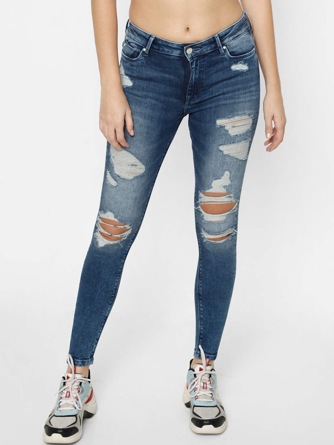 

ONLY Women Blue High-Rise Highly Distressed Heavy Fade Jeans