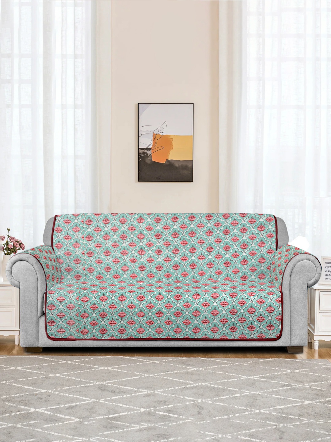 

Rajasthan Decor Green & Pink Quilted Floral Cotton 3 Seater Sofa Cover