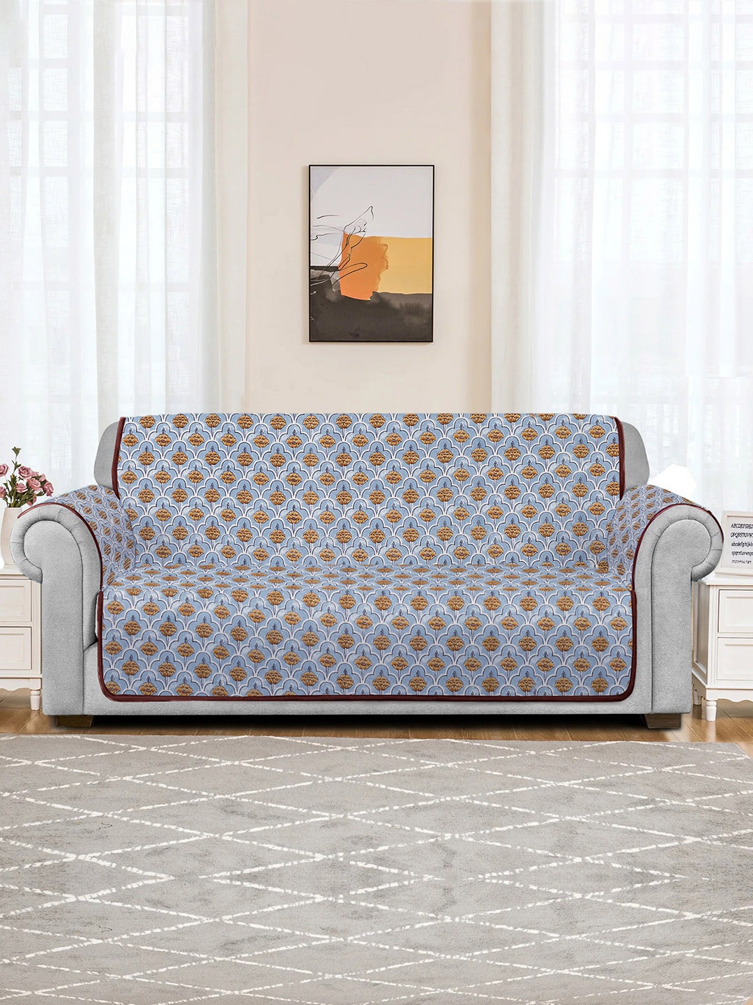 

Rajasthan Decor Blue & Beige Printed Quilted 3-Seater Cotton Sofa Cover