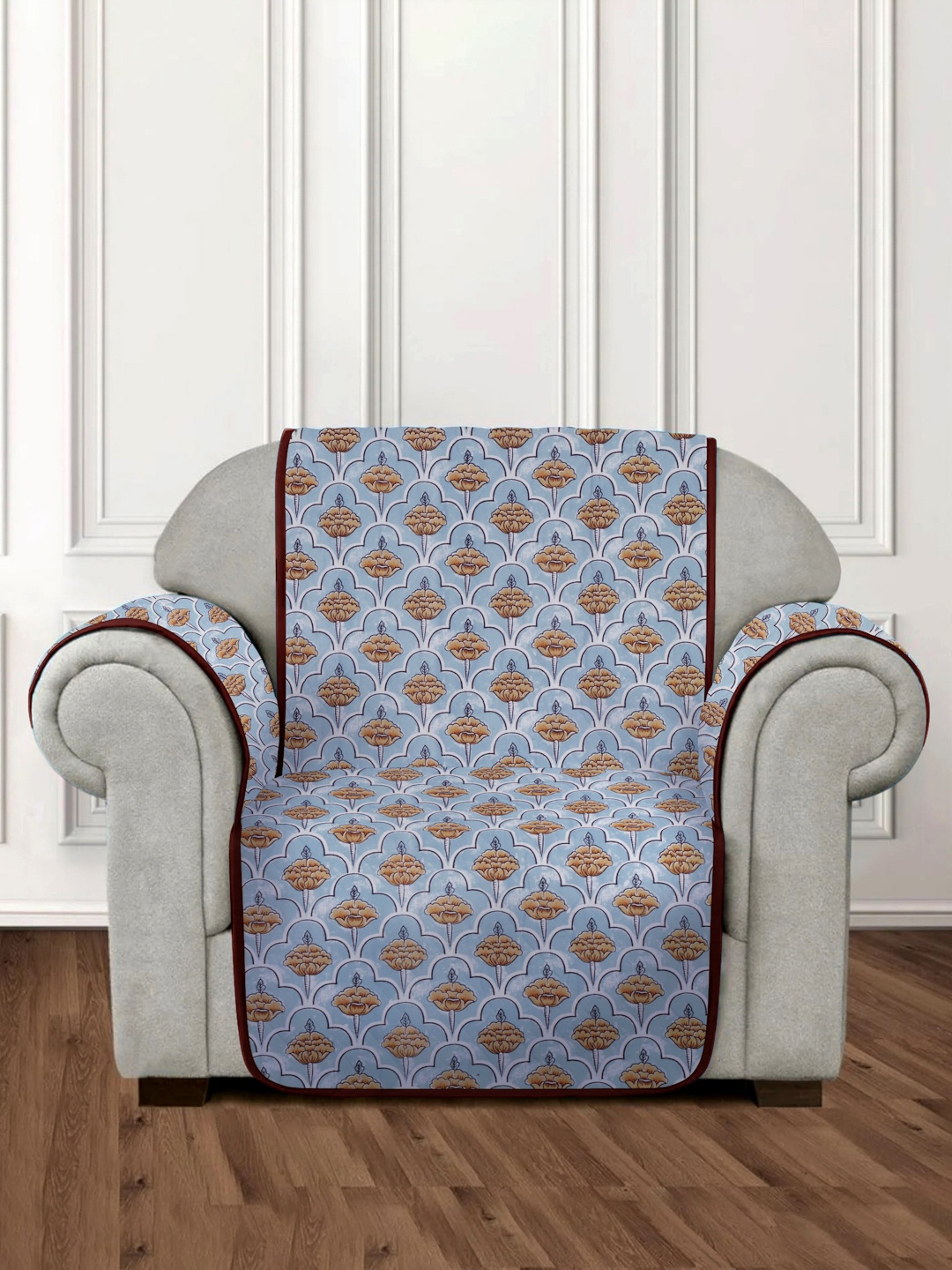 

Rajasthan Decor Blue & Brown Printed Quilted Cotton 1-Seater Sofa Cover