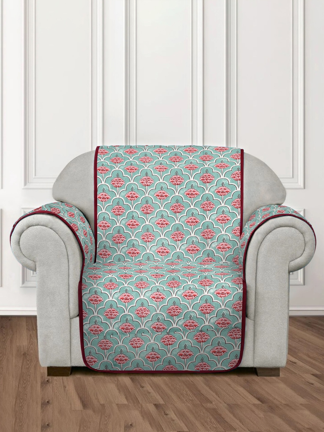 

Rajasthan Decor Blue & Pink Floral Printed Quilted Cotton 1-Seater Sofa Cover