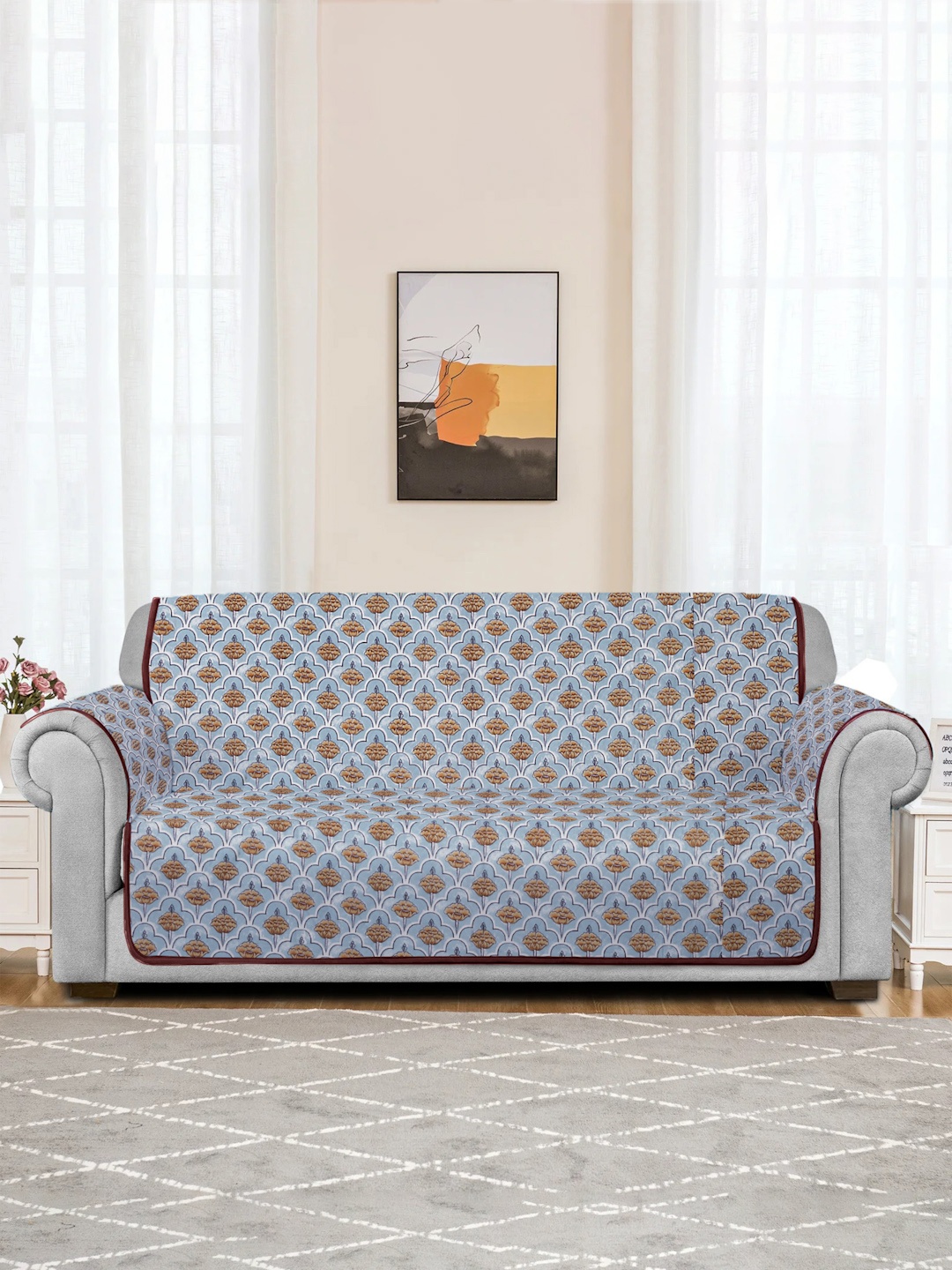 

Rajasthan Decor Blue & Beige Printed Quilted 2-Seater Cotton Sofa Cover
