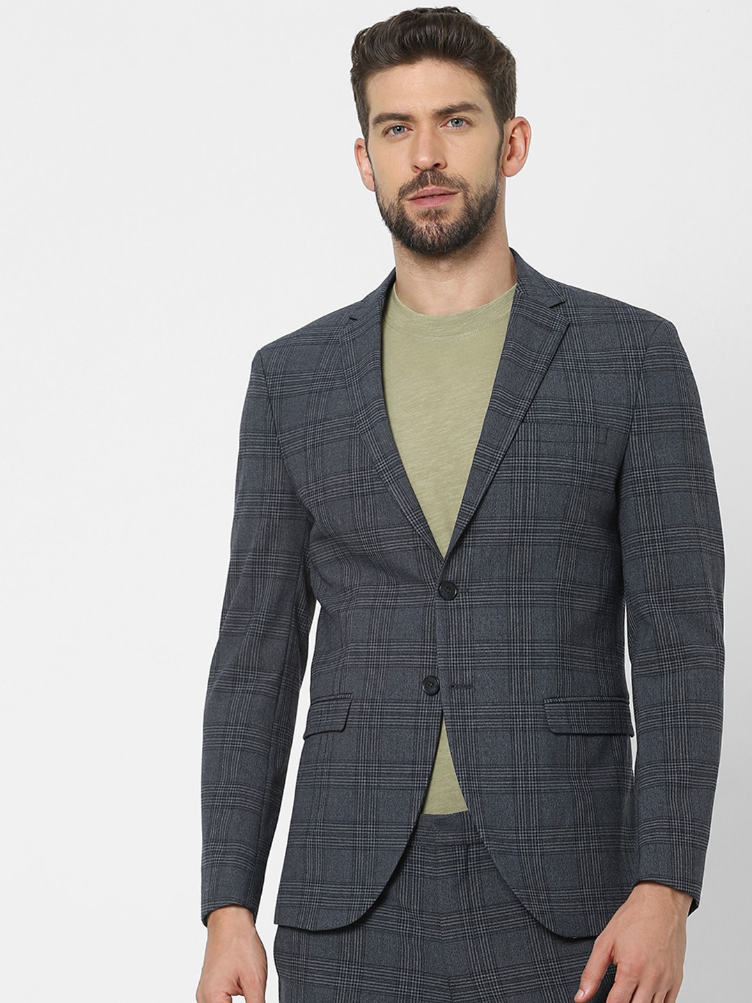 

SELECTED Men Grey & Black Checked Regular-Fit Single-Breasted Formal Blazer