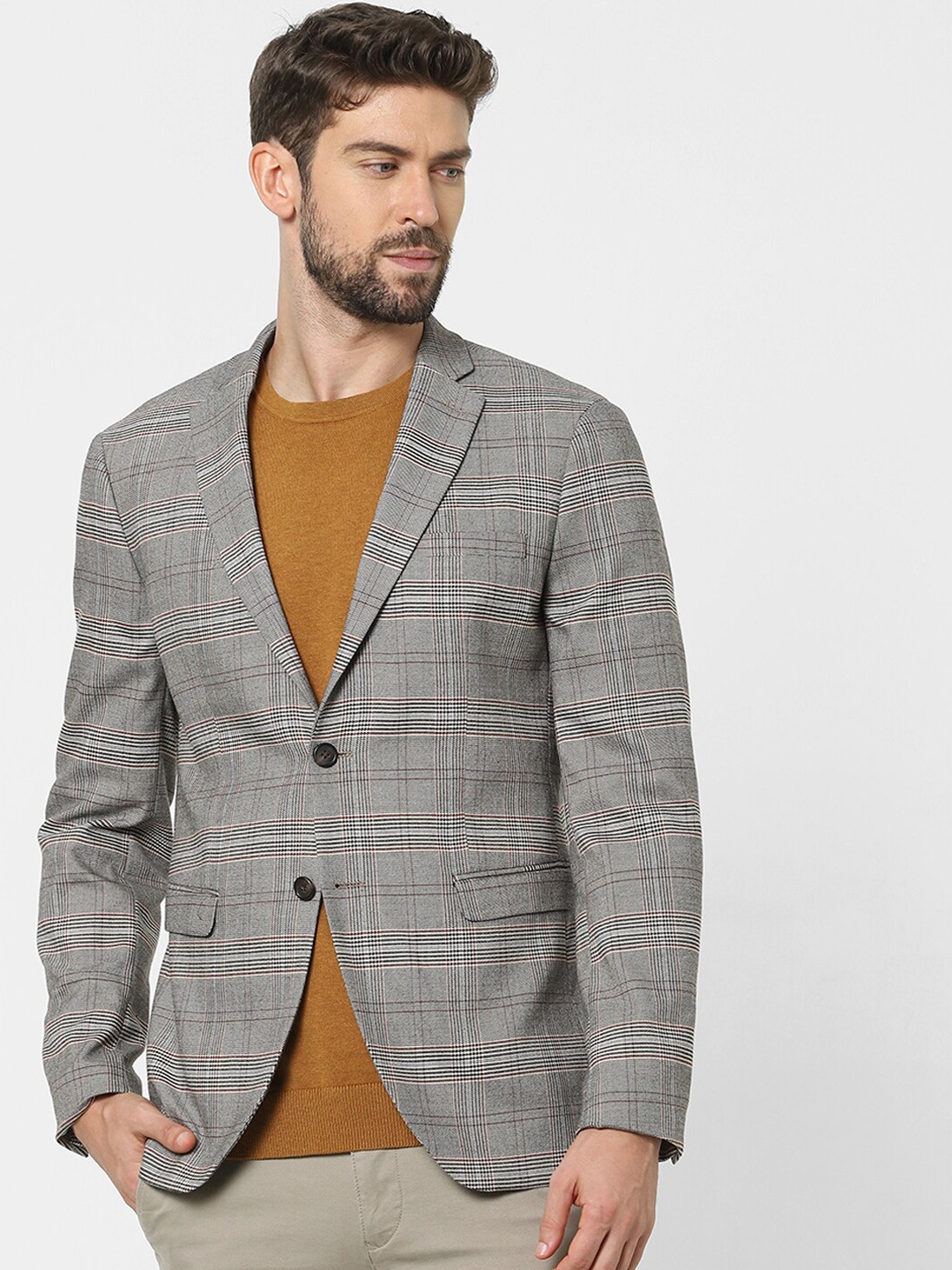 

SELECTED Men Grey Checked Single-Breasted Blazer