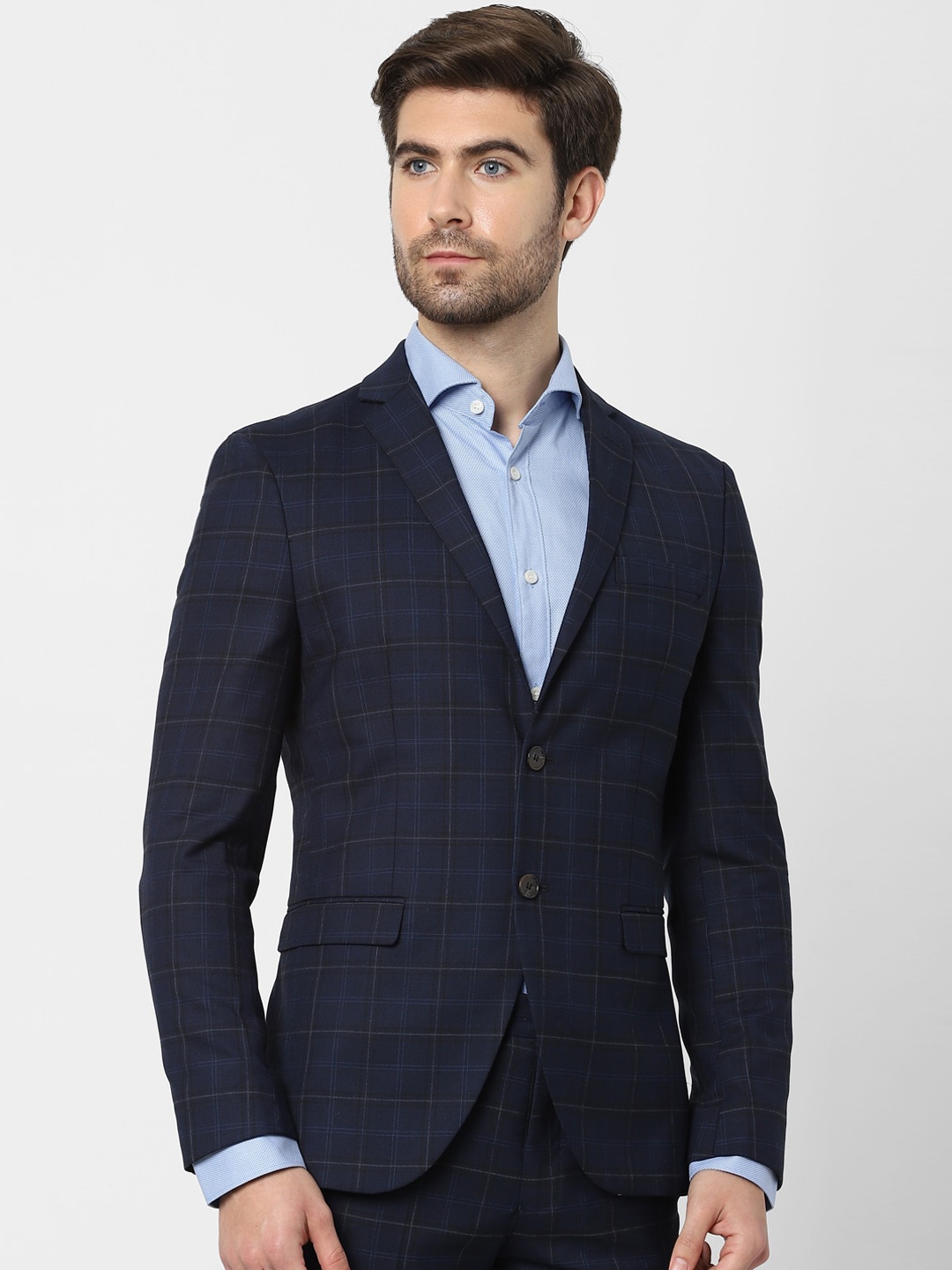 

SELECTED Men Navy Blue Checked Single Breasted Blazer